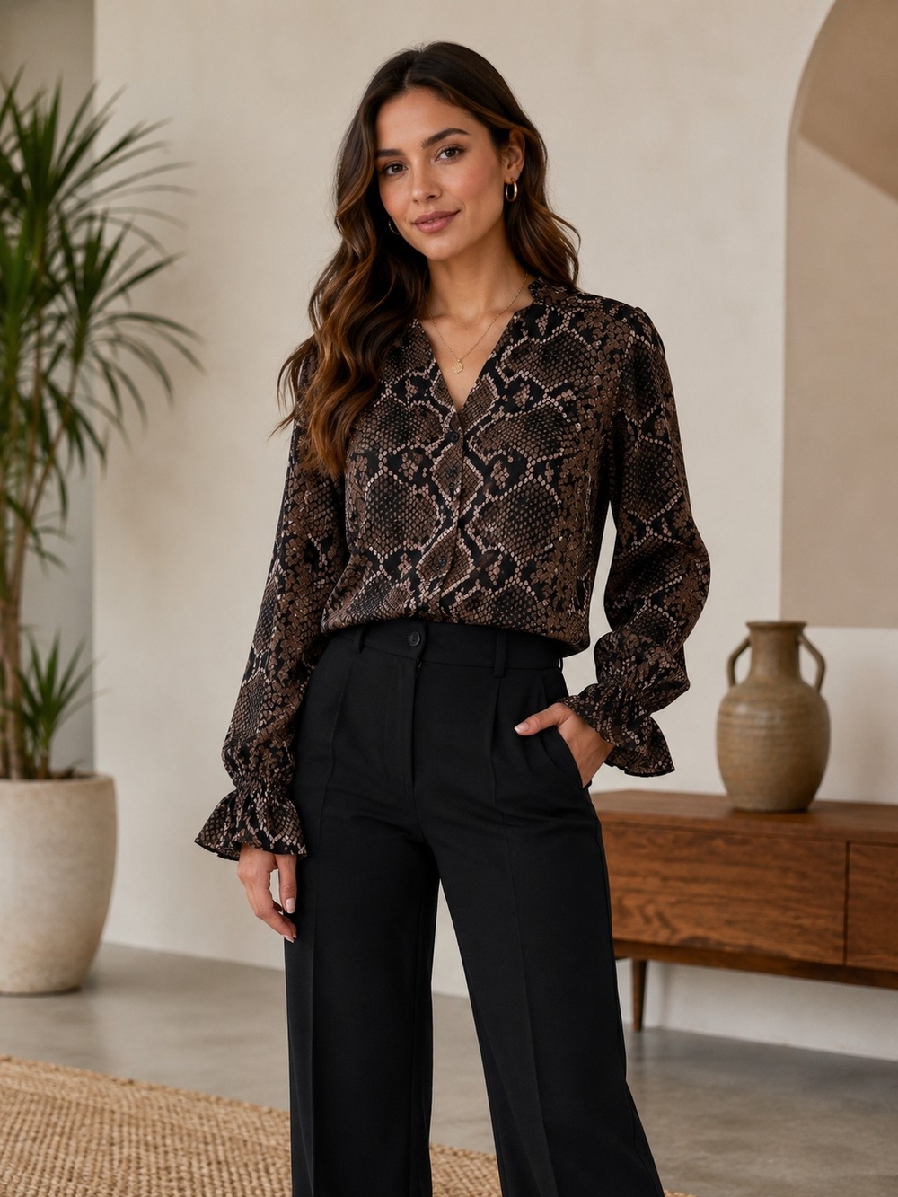 T Tahari Black and Brown Snake-Print V-Neck Top